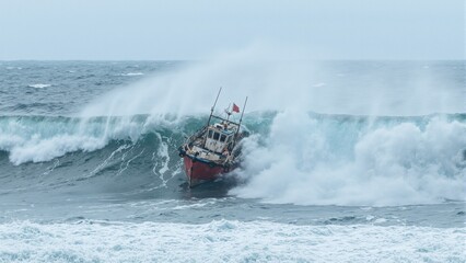 Naklejka premium Dramatic scene of a fishing boat battling a massive wave during a storm at sea