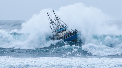Naklejka premium Dramatic scene of a fishing boat battling a massive wave during a storm at sea