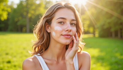 Young Woman in White Tank Top Applying Face Cream in Green Park with Sunlight Filtering Through Trees