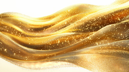 A vibrant golden wave filled with sparkling particles flows dynamically, creating an impression of motion and light, reminiscent of liquid gold in joyous celebration. Auric. Illustration