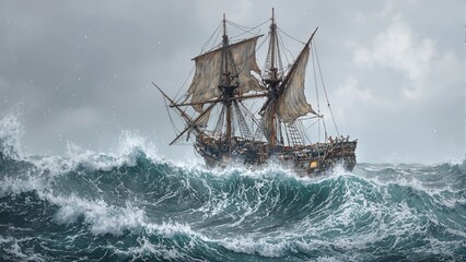 Fototapeta premium Dramatic image of a distressed wooden schooner fighting stormy seas torn sails and drenched deck surrounded by towering waves
