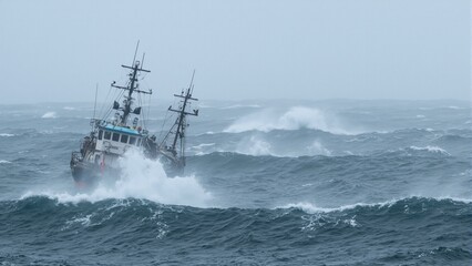 Dramatic image of a fishing trawler battling a storm waves crashing over the deck radio antenna bent