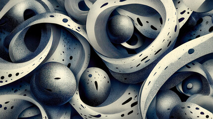 seamless pattern of 3d balls and long curved shapes