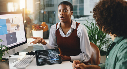 Business, digital transformation and people planning with tablet screen for ai automation and iot networking. Enterprise agent, teamwork and strategy for cybersecurity, decision making and discussion