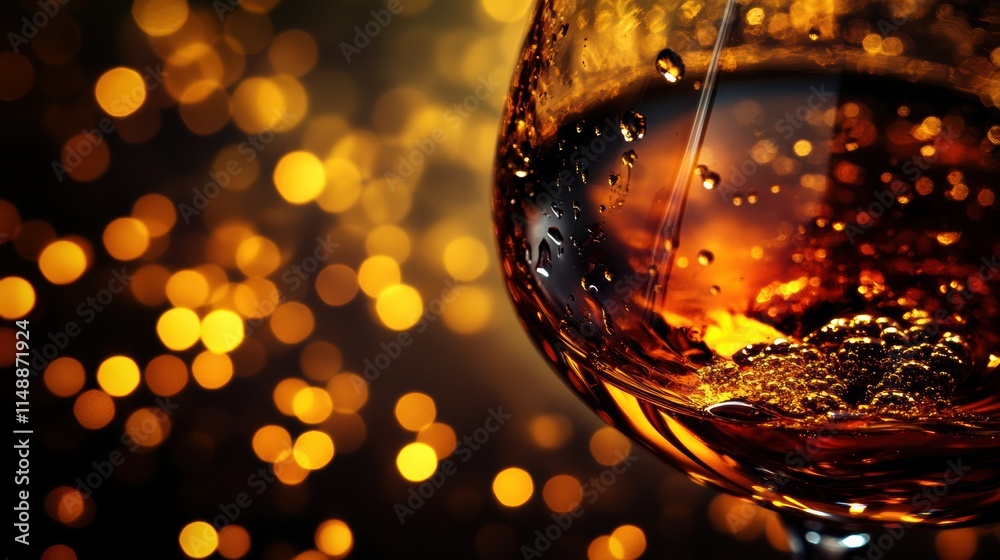 Poster Close up of a glass filled with sparkling drink against a blurred golden bokeh background. Generative AI