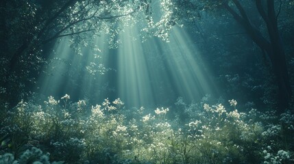 Obraz premium Sunbeams illuminate a magical forest clearing with wildflowers.
