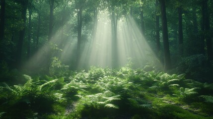 Sunbeams illuminate a misty forest floor covered in ferns.