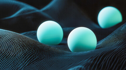 3 Rolling cyan solid soft balls, on black geo waves net