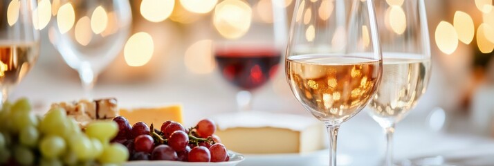 Elegant table setting with wine glasses, cheese platter, and fresh grapes for a delightful evening gathering. Generative AI