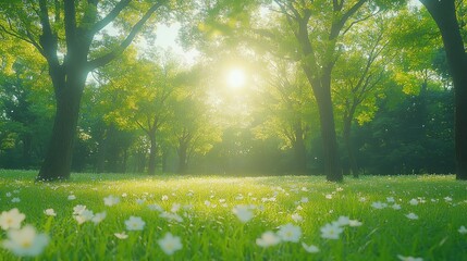 Obraz premium Sun shining through trees onto a field of white flowers.