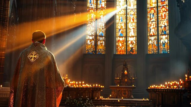 A priest enveloped in golden sunlight within a grand cathedral, his ornate robe detailed against the backdrop of glowing candles and stained glass.