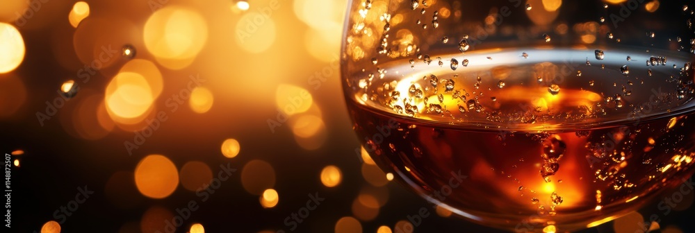 Poster sparkling beverage in glass with droplets reflecting warm glowing lights in the background during a 