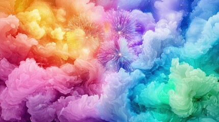 Vibrant rainbow clouds with colorful fireworks.