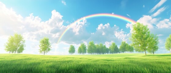 Fototapeta premium Rainbow over Green Meadow and Trees: A Serene Landscape