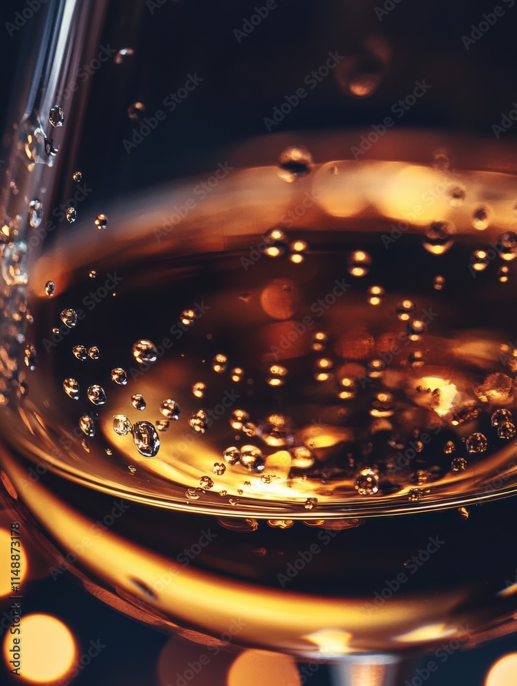 Aufkleber bubbles rise in a glass of sparkling drink reflecting warm light during an evening gathering. genera