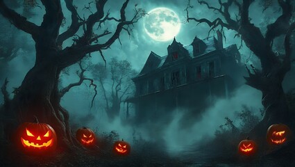 A foggy, eerie haunted forest under a full moon, with twisted, gnarled trees whose branches seem to reach out like skeletal arms illustration image.