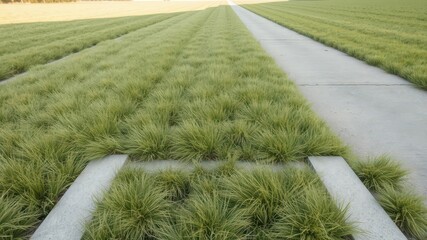 Sidewalk lines vanishing into grassy expanse, perspective, converging paths, shadow,urban,summer