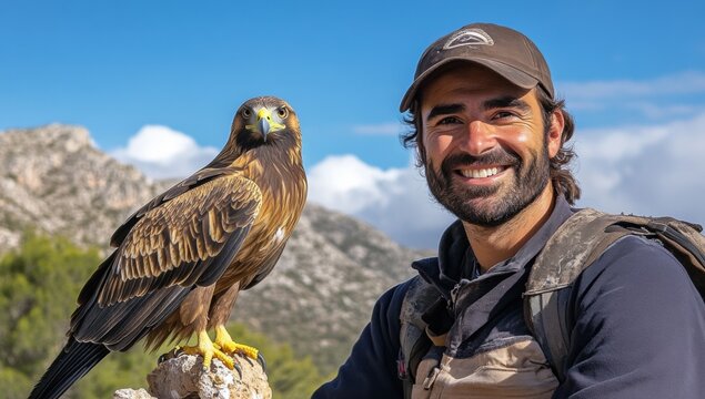 Man poses with a golden eagle on a rocky landscape