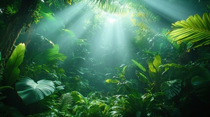 Sunbeams shining through lush green jungle foliage.