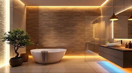 Fototapeta premium Bright Modern Bathroom with Freestanding Tub and Wood Accents