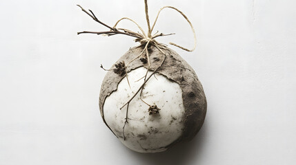 A unique ceramic orb, partially covered in earthy clay, adorned with dried twigs and twine.  Minimalist and textural, it evokes a sense of nature and fragility.