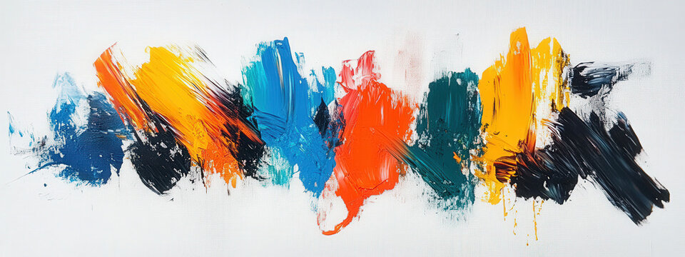 Abstract oil paint strokes in bold colors on a white canvas, dynamic and artistic