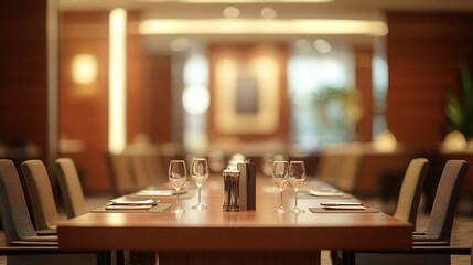 Fototapeta premium Blurred background of a boardroom table with chairs arranged around it