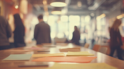 Blurred background of a brainstorming session with team members standing around a table