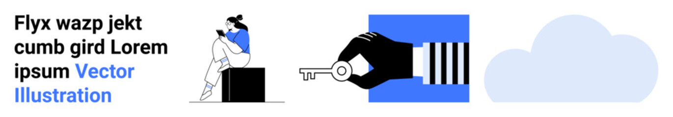 Person sitting on a block reading, hand holding a key in the center, and cloud icon to the right. Ideal for security, technology, data storage, education, access control, digital content landing