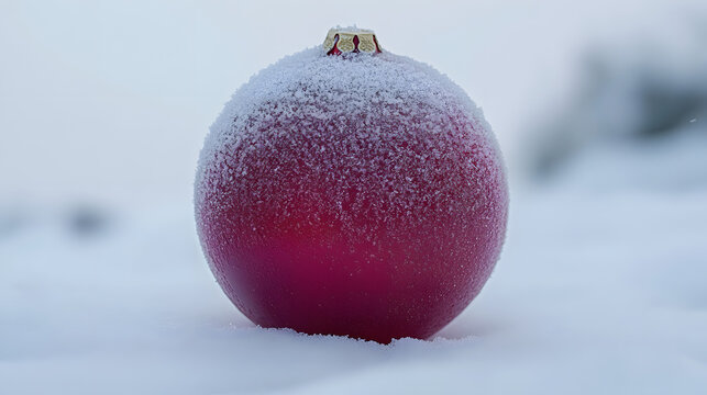 A single, frost-covered, deep crimson Christmas ornament rests on a pristine layer of snow. The soft, blurred background enhances the festive mood.