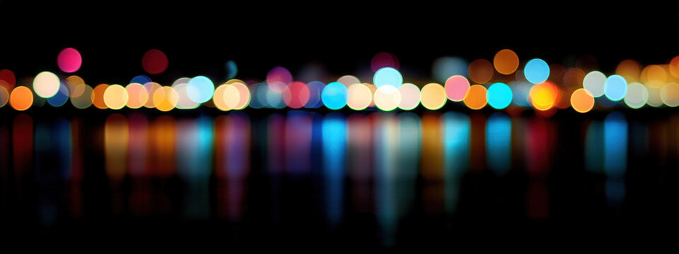Blurred cityscape lights at night, vibrant bokeh in multiple colors