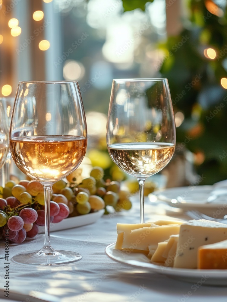 Poster elegant table setting with wine glasses and cheese platter among fresh grapes in a cozy atmosphere. 