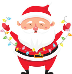 Santa Claus, wearing his traditional red suit, joyfully holds colorful Christmas lights, preparing for Christmas Eve festivities with a cheerful expression