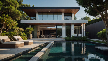 Fototapeta premium Modern Two-Story House with Swimming Pool and Patio