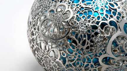 Close-up of an ornate silver sphere with a teal interior. Intricate floral designs are cut into the metal, creating a beautiful, decorative piece. Perfect for holiday or special occasion decor.