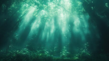Fototapeta premium Sunbeams shining through misty green forest.