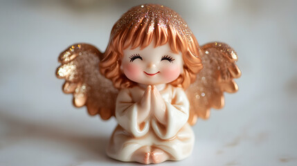 Adorable ceramic angel figurine with rose gold wings, sitting in prayer.  Sparkly details add to its charm. Perfect for home decor or gifts.