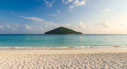 Fototapeta premium Sandy tropical beach with island on background.
