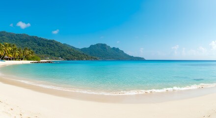 Obraz premium Sandy tropical beach with island on background.