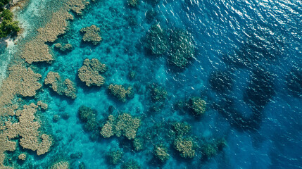mesmerizing aerial view of the deep blue sea, showcasing its dynamic surface with waves symbolizing chaos, freedom, and life's unpredictable flow. A scene evoking wonder and introspection