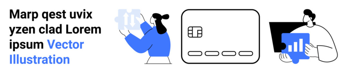 Two people analyzing data using charts and graphs, with a payment card in the center. Ideal for finance, banking, digital transactions, data analysis, business, technology marketing themes. Landing