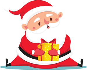 Cartoon Santa Claus wearing a red suit with white fur trim, sitting cross legged and holding a gold gift box with a red ribbon, conveying the spirit of Christmas giving and holiday cheer