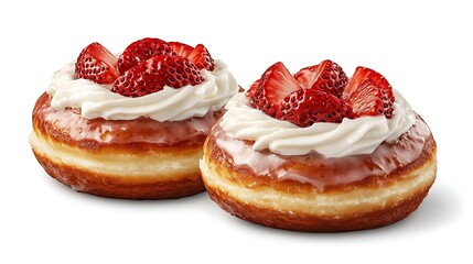 Two glazed donuts topped with whipped cream and fresh strawberry slices.