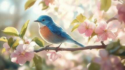 Obraz premium A Serene Bluebird Perched on a Blossoming Apple Branch in Spring