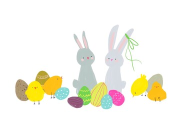 Two sitting rabbits, four chicks, and nine Easter eggs. A naive-style minimalist illustration for spring and Easter projects.