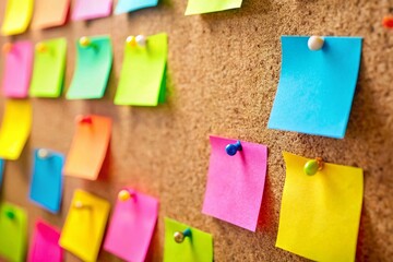 Colorful Sticky Notes Long Exposure on Corkboard: Bright Office Organization Stock Photo
