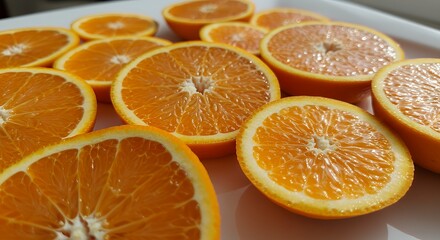 Fototapeta premium Slices of fresh, juicy, ripe orange on a clean light white background. Minimalist concept, copyspace. The concept of healthy eating.