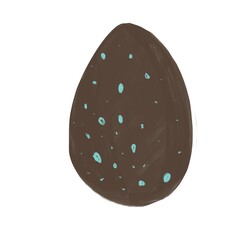 A naive-style illustration depicting a brown Easter egg decorated with blue speckles. The egg features uneven coloring and irregular edges, giving it a unique, handmade appearance. Perfect for spring 