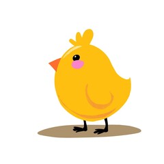 A yellow chick in a flat style with an orange beak and a small crest on its head. Modern minimalist illustration for Easter designs.