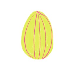 A naive-style illustration depicting a yellow Easter egg decorated with thin vertical pink stripes. The egg is unevenly colored and has slightly irregular edges, giving it a unique, handmade appearanc